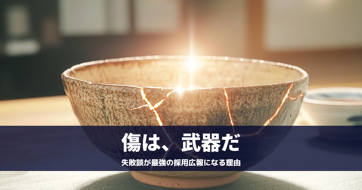 傷を金で修復した金継ぎの器のクローズアップ。 ナラティブ採用において「失敗の経験が価値になる」 というコンセプトを象徴するイメージ。
